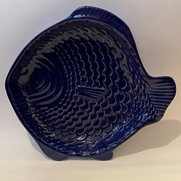 Deltis Fish Shaped Serving Dish Casserole Platter Tray Royal Cobalt Blue Pottery - Picture 5 of 6